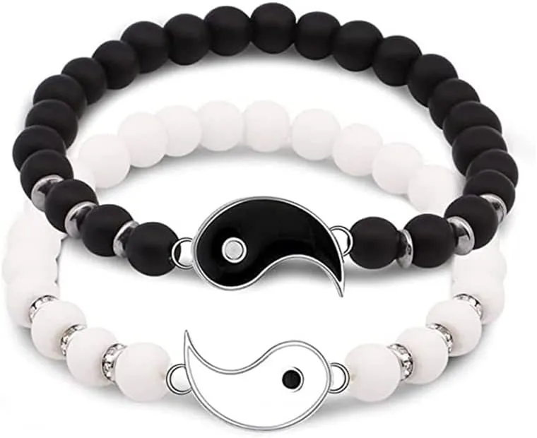 2 Pcs Matching Yin Yang Bracelets, Best Friends Couple Matching Bracelets Ying Yang Relationship Bracelets Adjustable for BFF Friendship Bracelets (Black and White)
