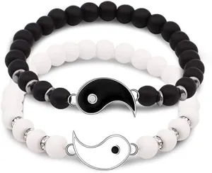 2 Pcs Matching Yin Yang Bracelets, Best Friends Couple Matching Bracelets Ying Yang Relationship Bracelets Adjustable for BFF Friendship Bracelets (Black and White)
