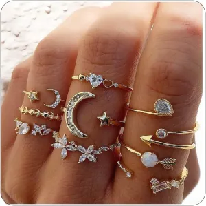 3-17 PCS Knuckle Stacking Rings for Women,Boho Vintage Finger Rings Stackable Gold Silver Moon Snake Set Multiple Rings Fashion Jewelry
