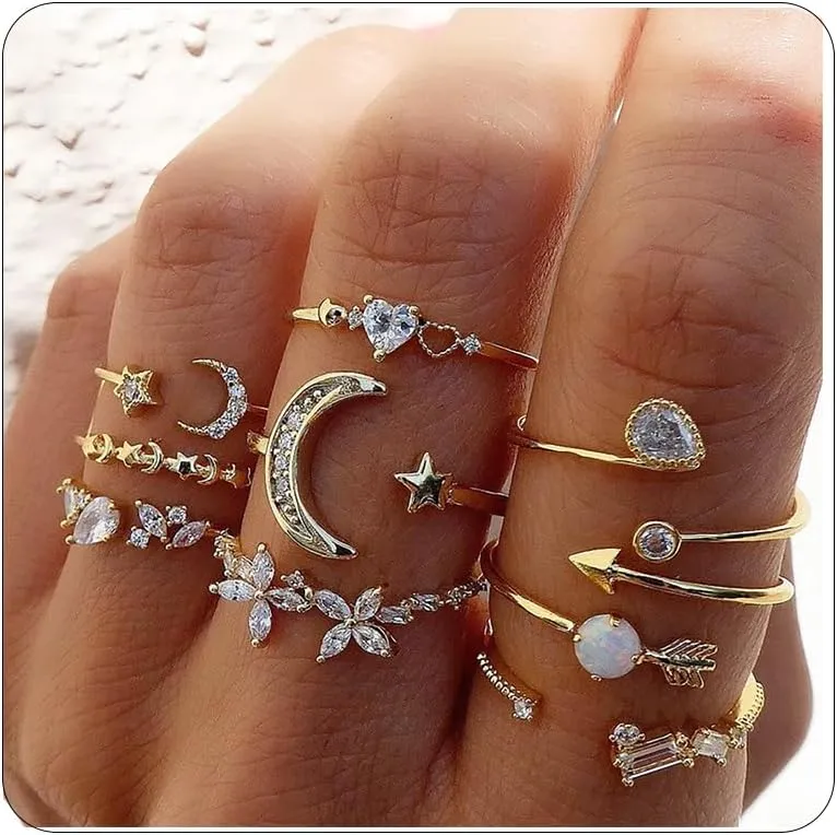 3-17 PCS Knuckle Stacking Rings for Women,Boho Vintage Finger Rings Stackable Gold Silver Moon Snake Set Multiple Rings Fashion Jewelry