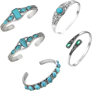 5Pcs Turquoise Bracelets Set for Women Turquoise Cuff Bracelets for Women Adjustable Silver Bangle Bracelets for Women Cowgirl Stackable Bracelets Boho Western Jewelry for Women