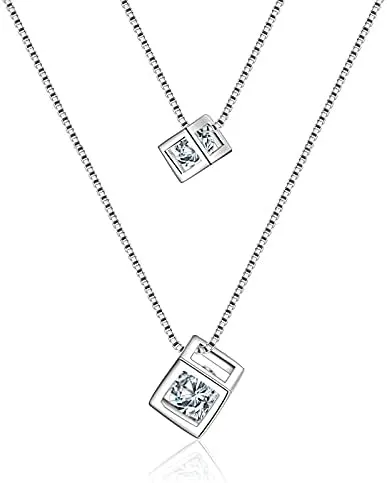 925 Sterling Silver Square Cube Zircon Choker Statement Necklace For Women Double Layer Pendants Necklaces