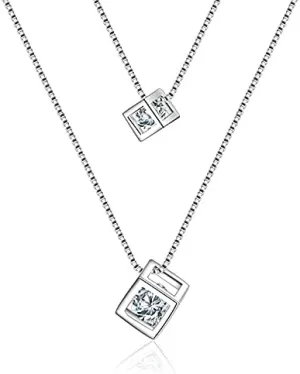 925 Sterling Silver Square Cube Zircon Choker Statement Necklace For Women Double Layer Pendants Necklaces