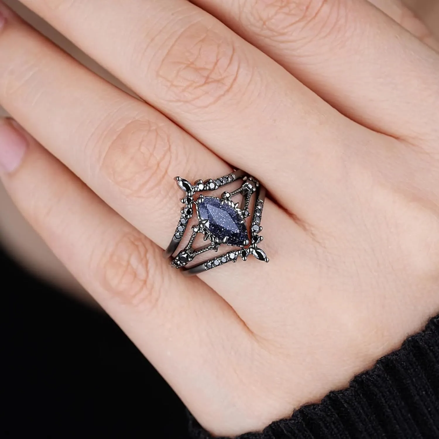 AJU ENTERPRISE 3PCS Marquise Cut Blue Sandstone & Black Diamond Ring Set in14k Black Gold Vermeil - Gothic Bridal Wedding Set - Promise Ring for Women - Mothers Day Ring For Mum