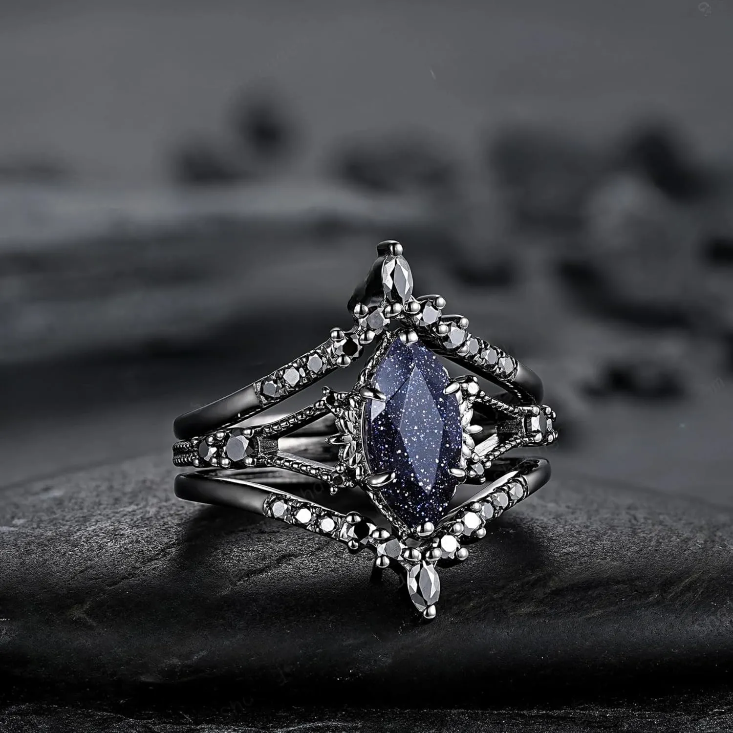 AJU ENTERPRISE 3PCS Marquise Cut Blue Sandstone & Black Diamond Ring Set in14k Black Gold Vermeil - Gothic Bridal Wedding Set - Promise Ring for Women - Mothers Day Ring For Mum