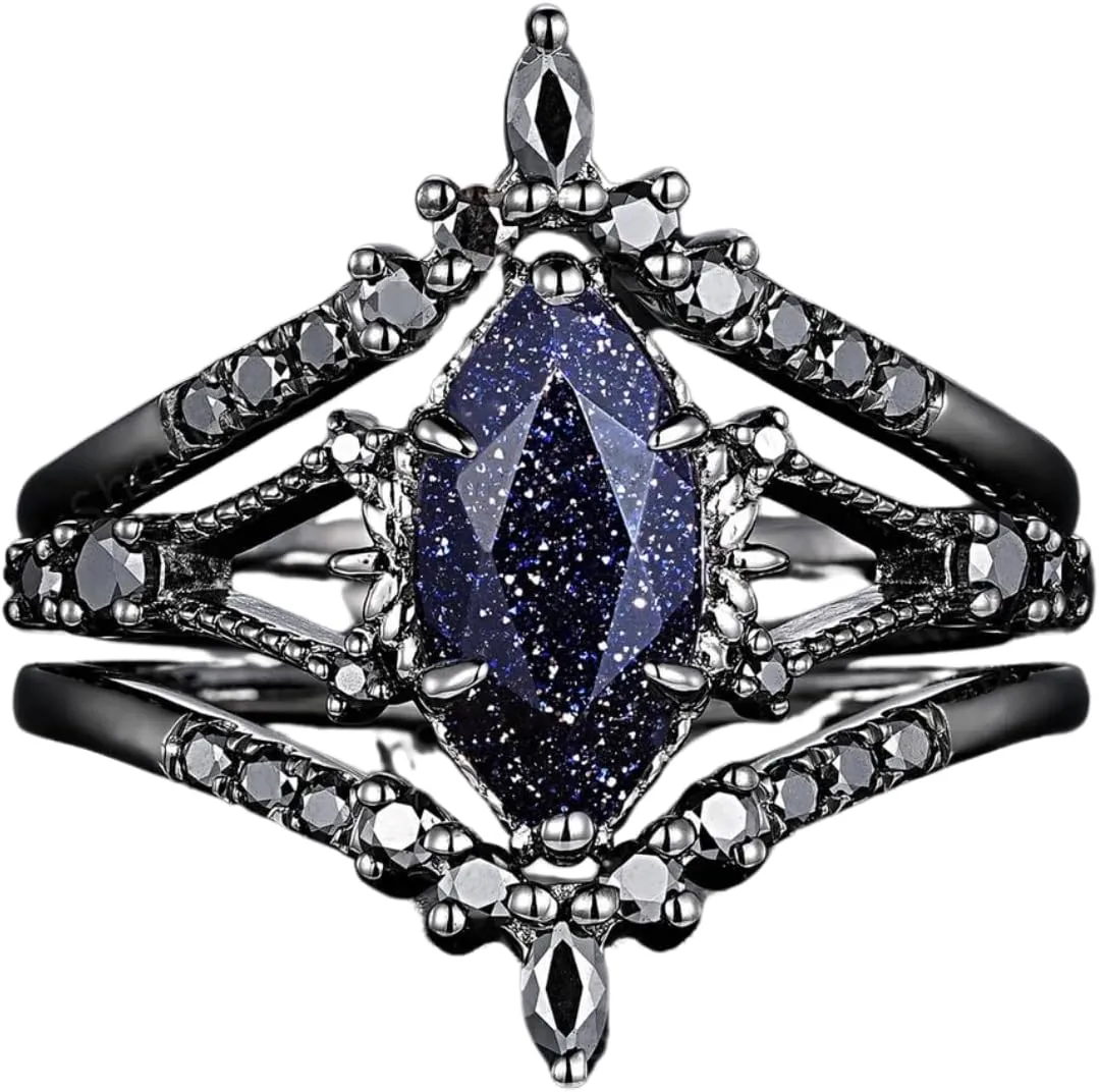 AJU ENTERPRISE 3PCS Marquise Cut Blue Sandstone & Black Diamond Ring Set in14k Black Gold Vermeil - Gothic Bridal Wedding Set - Promise Ring for Women - Mothers Day Ring For Mum