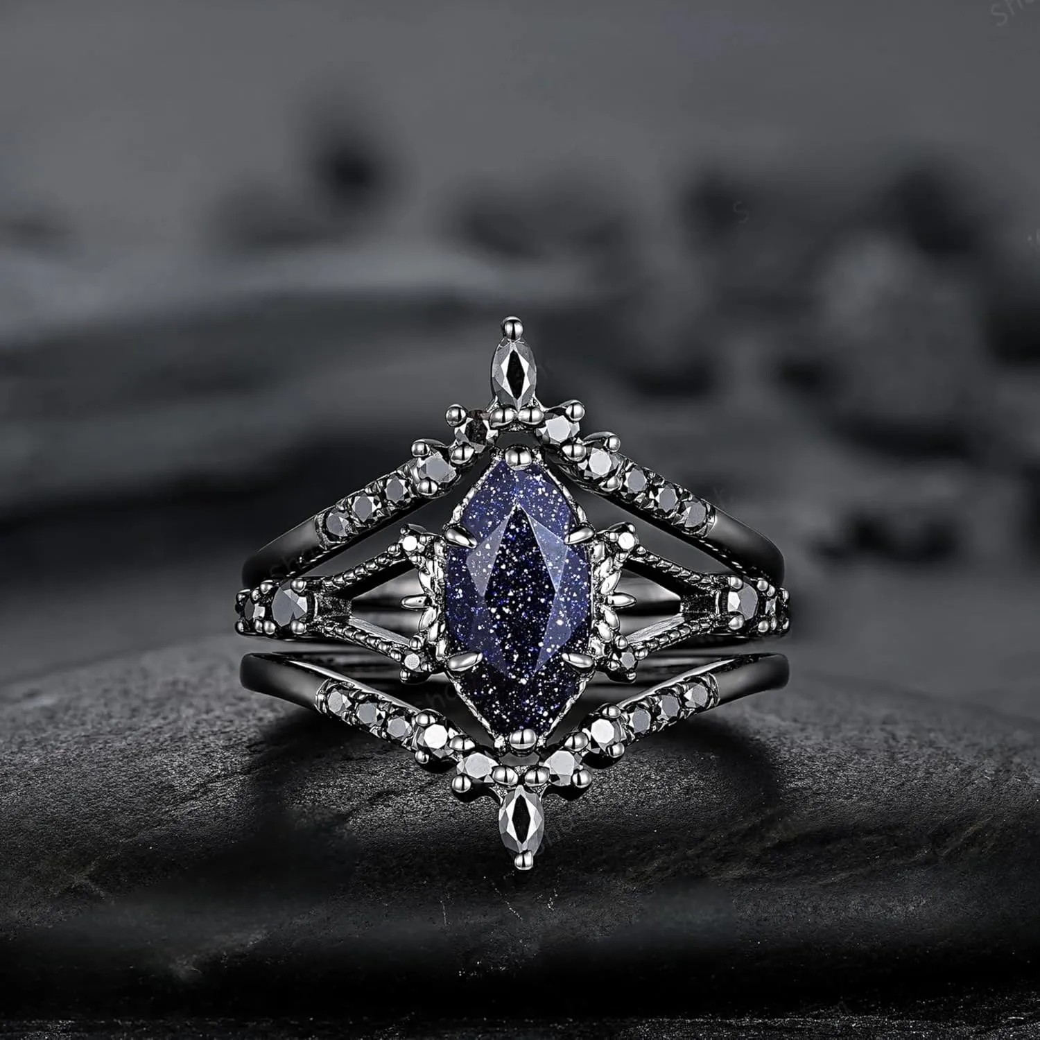 AJU ENTERPRISE 3PCS Marquise Cut Blue Sandstone & Black Diamond Ring Set in14k Black Gold Vermeil - Gothic Bridal Wedding Set - Promise Ring for Women - Mothers Day Ring For Mum
