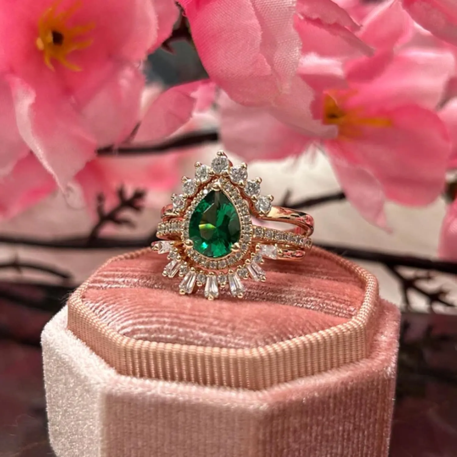 AJU ENTERPRISE Pear Cut Green Emerald Bridal Ring Set in 14k Yellow Gold Vermeil - Baguette and Round Cut Diamond Bands - Wedding Ring Set For Womens - May Birthstone