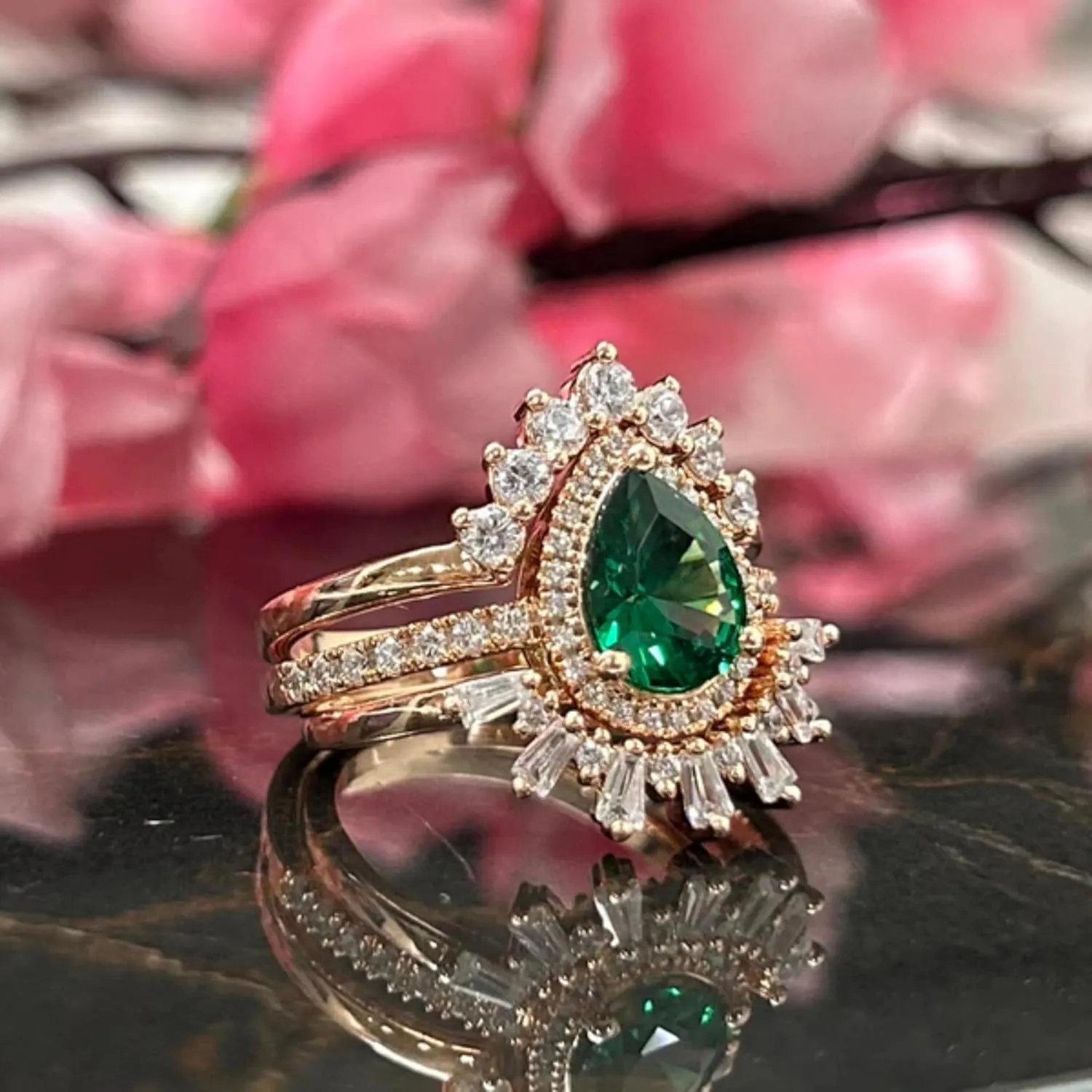 AJU ENTERPRISE Pear Cut Green Emerald Bridal Ring Set in 14k Yellow Gold Vermeil - Baguette and Round Cut Diamond Bands - Wedding Ring Set For Womens - May Birthstone