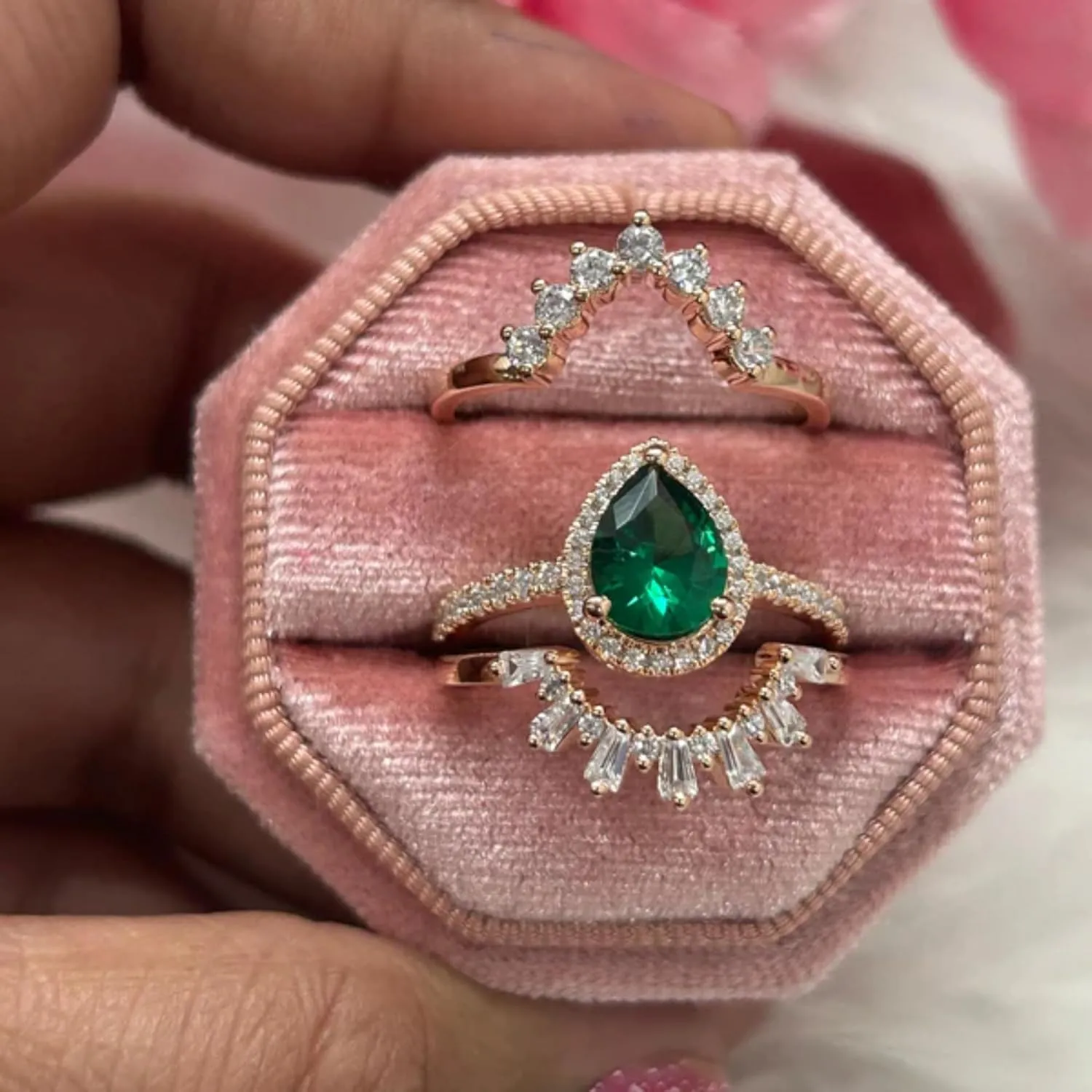 AJU ENTERPRISE Pear Cut Green Emerald Bridal Ring Set in 14k Yellow Gold Vermeil - Baguette and Round Cut Diamond Bands - Wedding Ring Set For Womens - May Birthstone