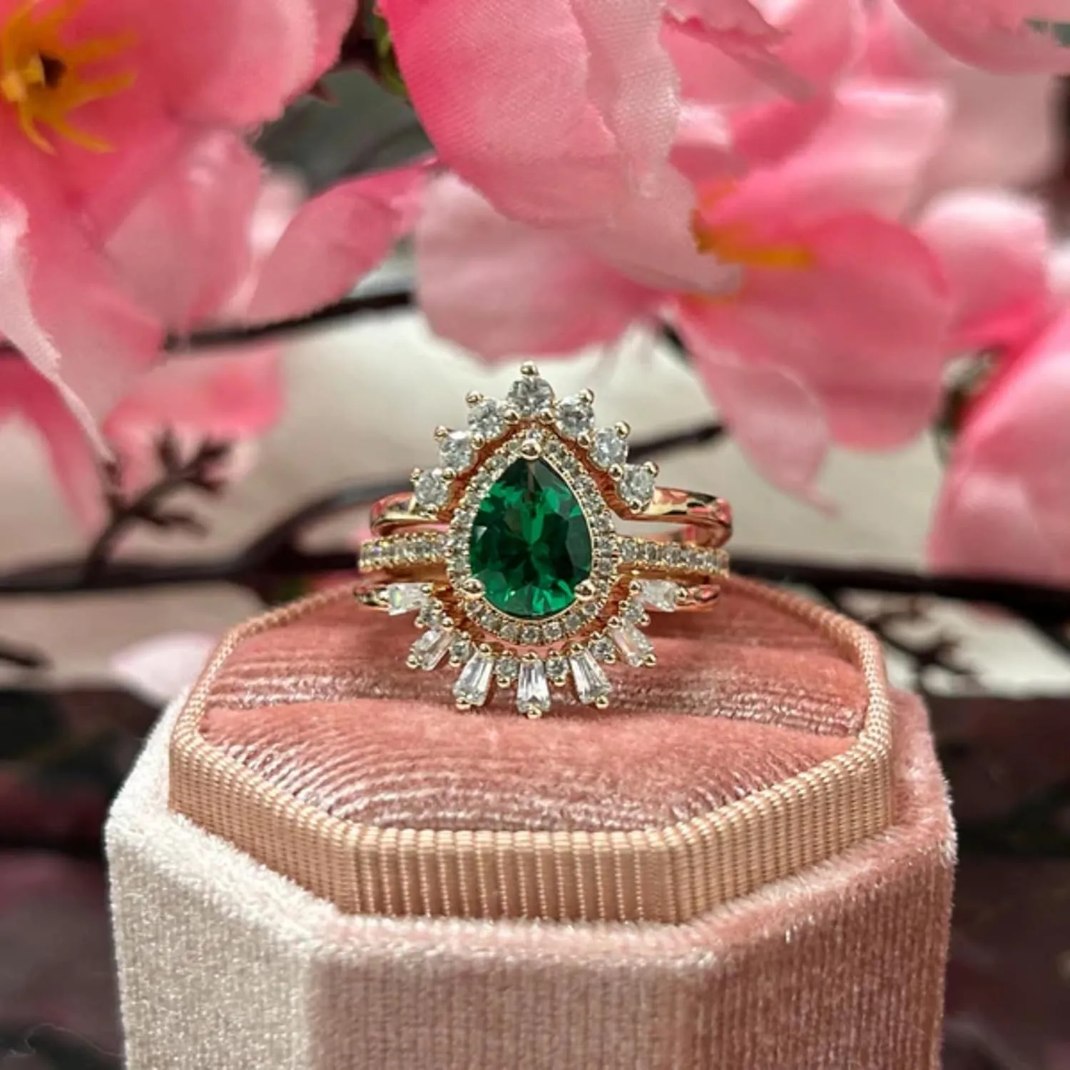 AJU ENTERPRISE Pear Cut Green Emerald Bridal Ring Set in 14k Yellow Gold Vermeil - Baguette and Round Cut Diamond Bands - Wedding Ring Set For Womens - May Birthstone
