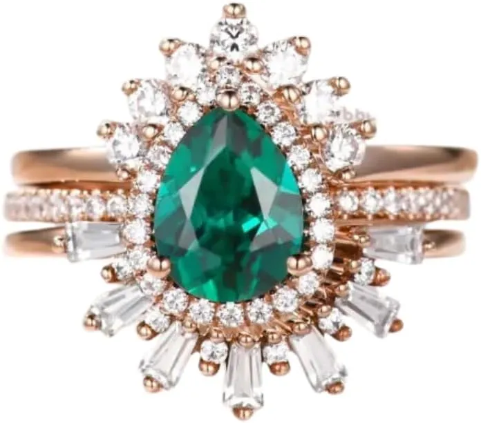 AJU ENTERPRISE Pear Cut Green Emerald Bridal Ring Set in 14k Yellow Gold Vermeil - Baguette and Round Cut Diamond Bands - Wedding Ring Set For Womens - May Birthstone