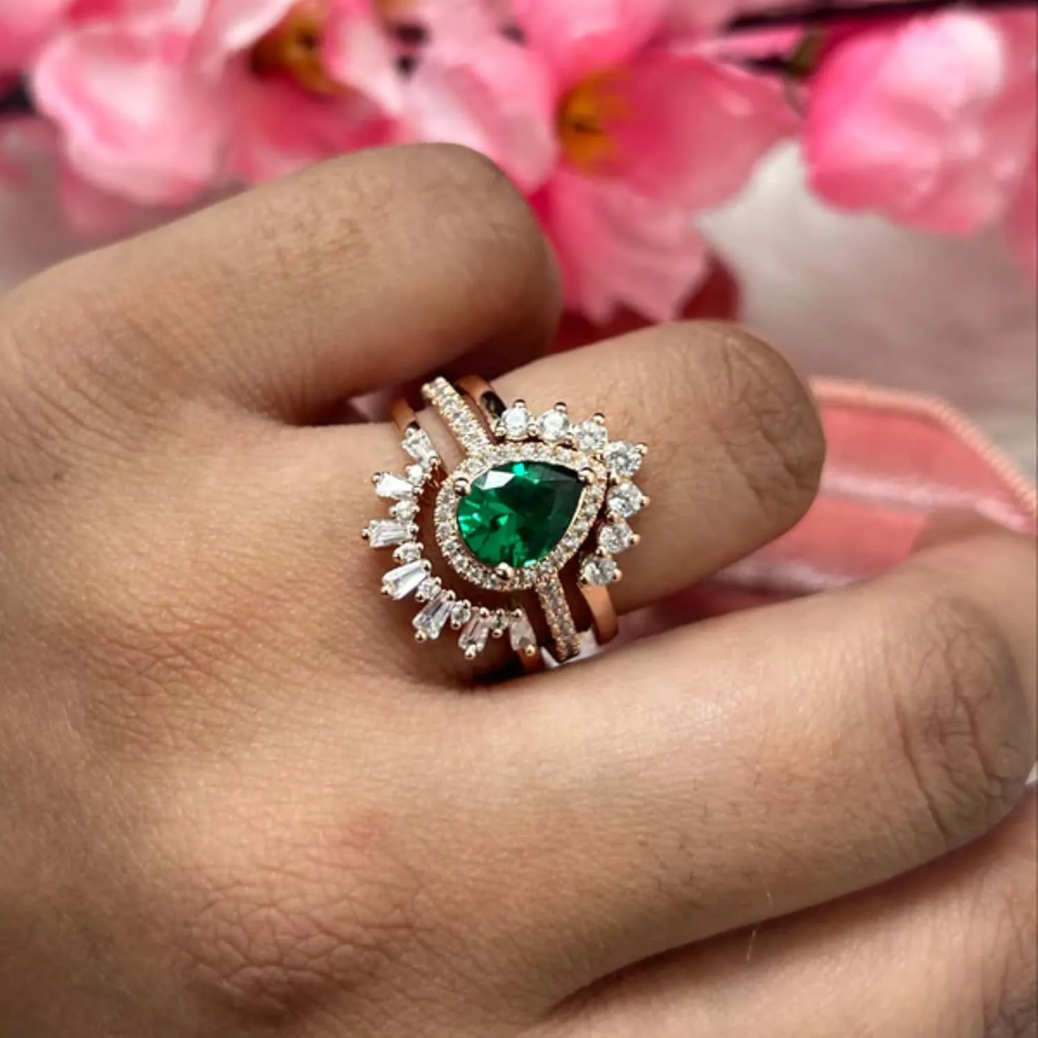 AJU ENTERPRISE Pear Cut Green Emerald Bridal Ring Set in 14k Yellow Gold Vermeil - Baguette and Round Cut Diamond Bands - Wedding Ring Set For Womens - May Birthstone