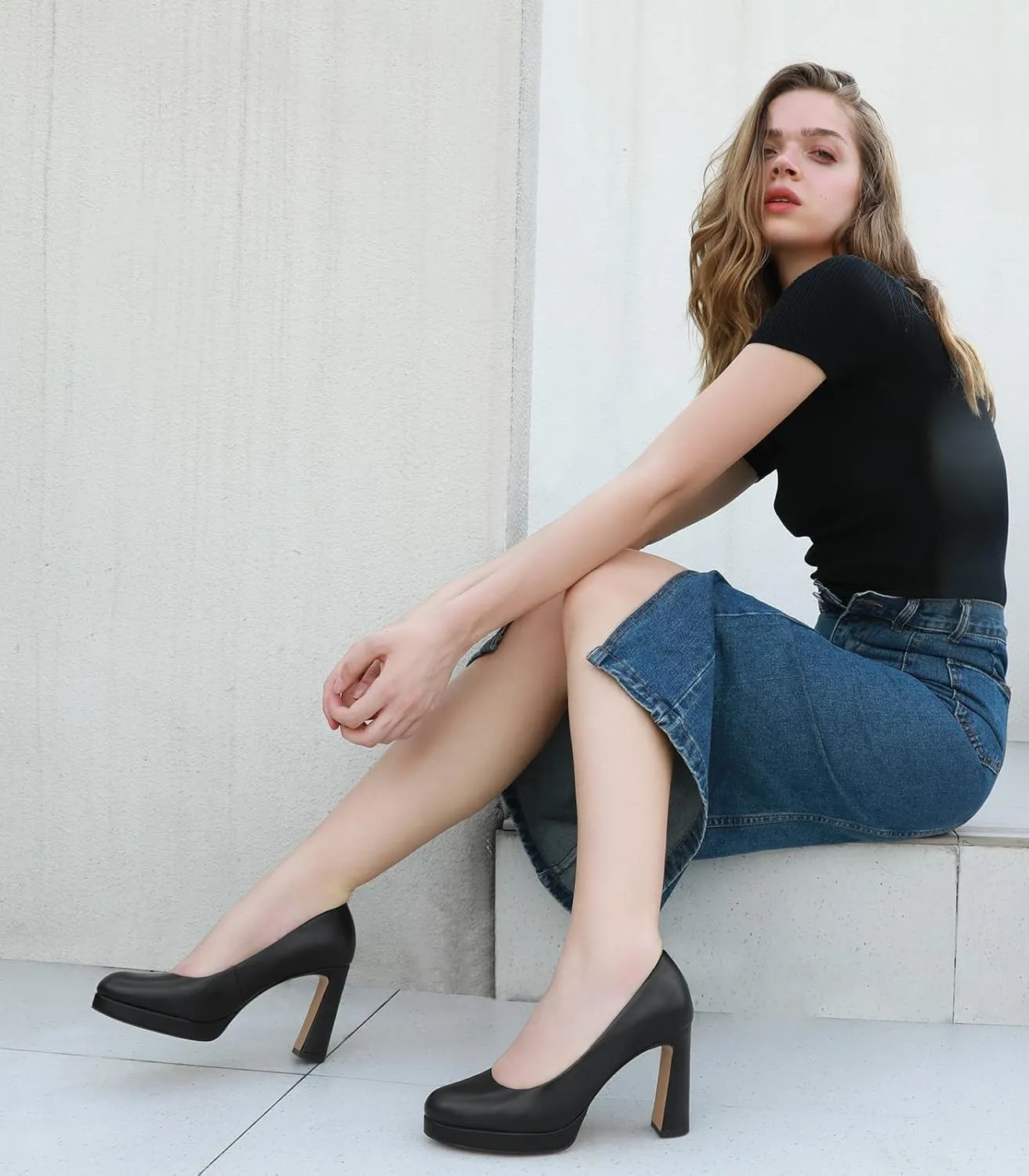 Ankis Platform Heels Womens Pumps Black White Nude Closed Toe Chunky Heel Shoes