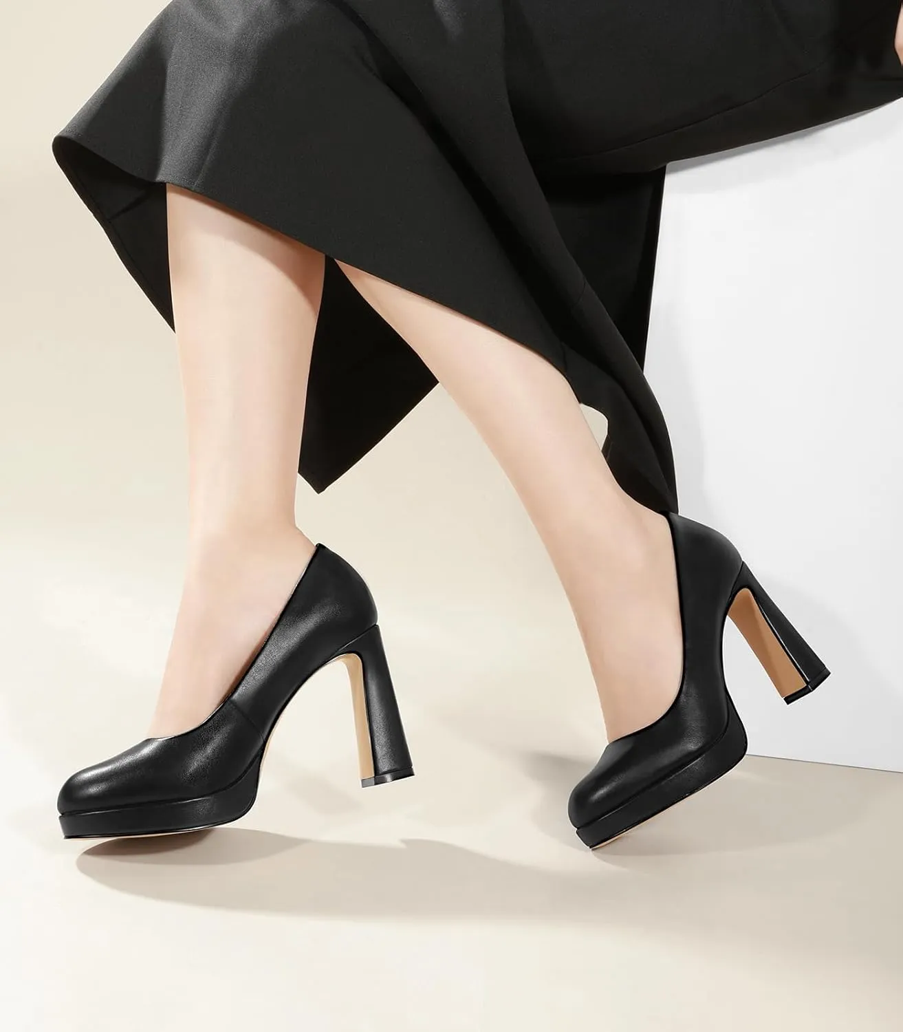 Ankis Platform Heels Womens Pumps Black White Nude Closed Toe Chunky Heel Shoes