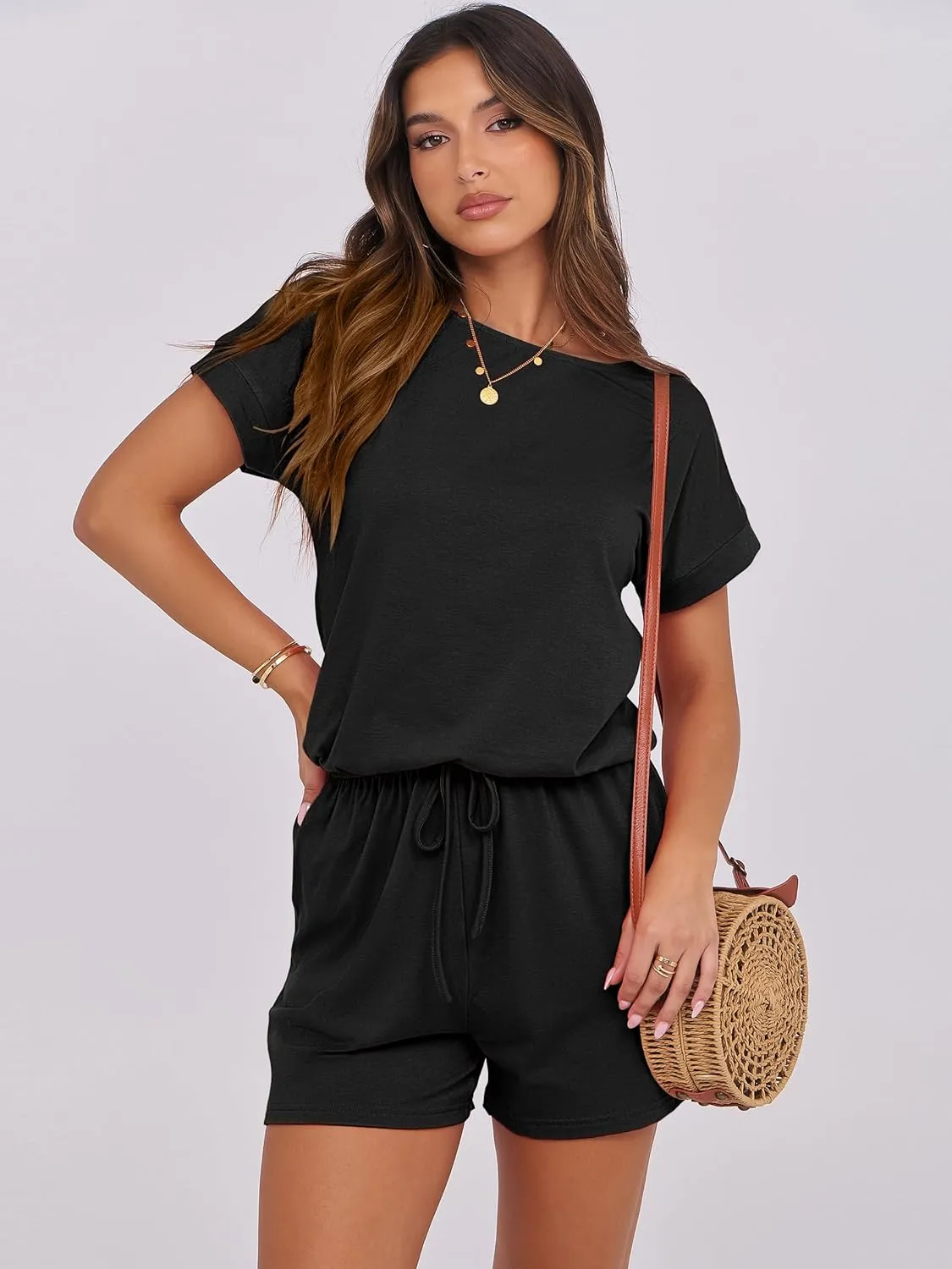 ANRABESS Rompers for Women Summer 2025 Casual Dressy One Piece Tshirt Short Pants Jumpsuit Beach Vacation Outfit Clothes