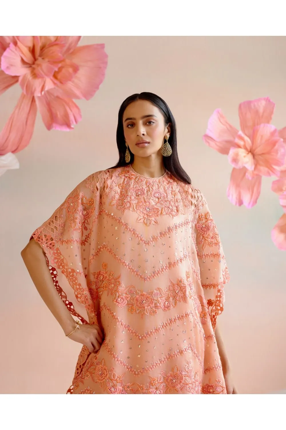 Apricot Multitonal Cutwork Kaftan