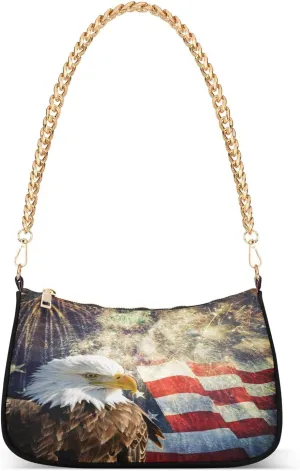 Bald Eagle American Flag Fireworks Shoulder Handbags for Women Travel Hobo Tote Handbag Women Gold Chain Shoulder Bags Purse with Zipper Closure