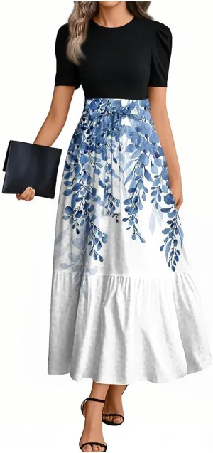 Beach Spring Dresses, 2025 Floral Print Maxi Womens Jumpsuit Boho Bow Crew Neck Rompers for Women