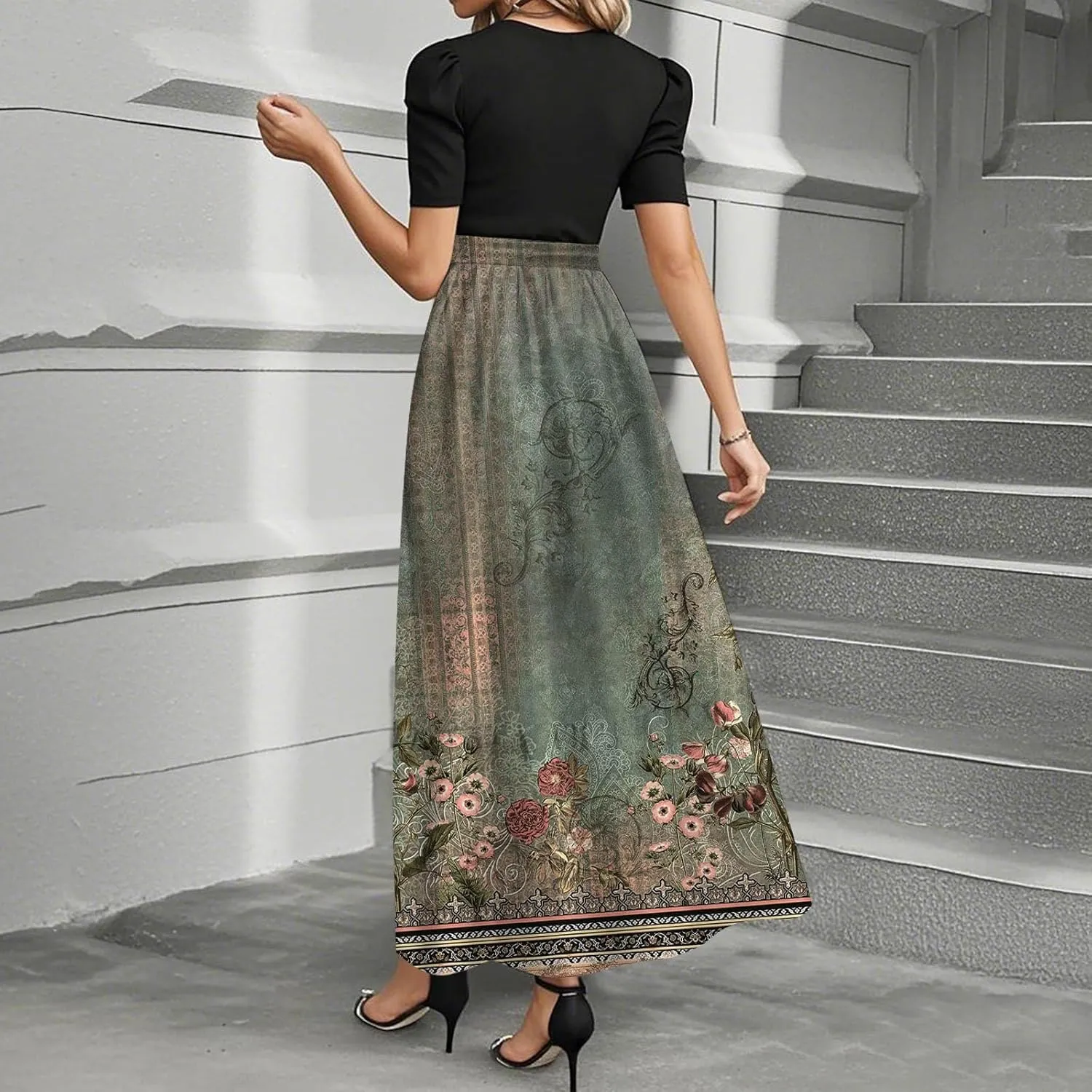 Beach Spring Dresses, 2025 Floral Print Maxi Womens Jumpsuit Boho Bow Crew Neck Rompers for Women