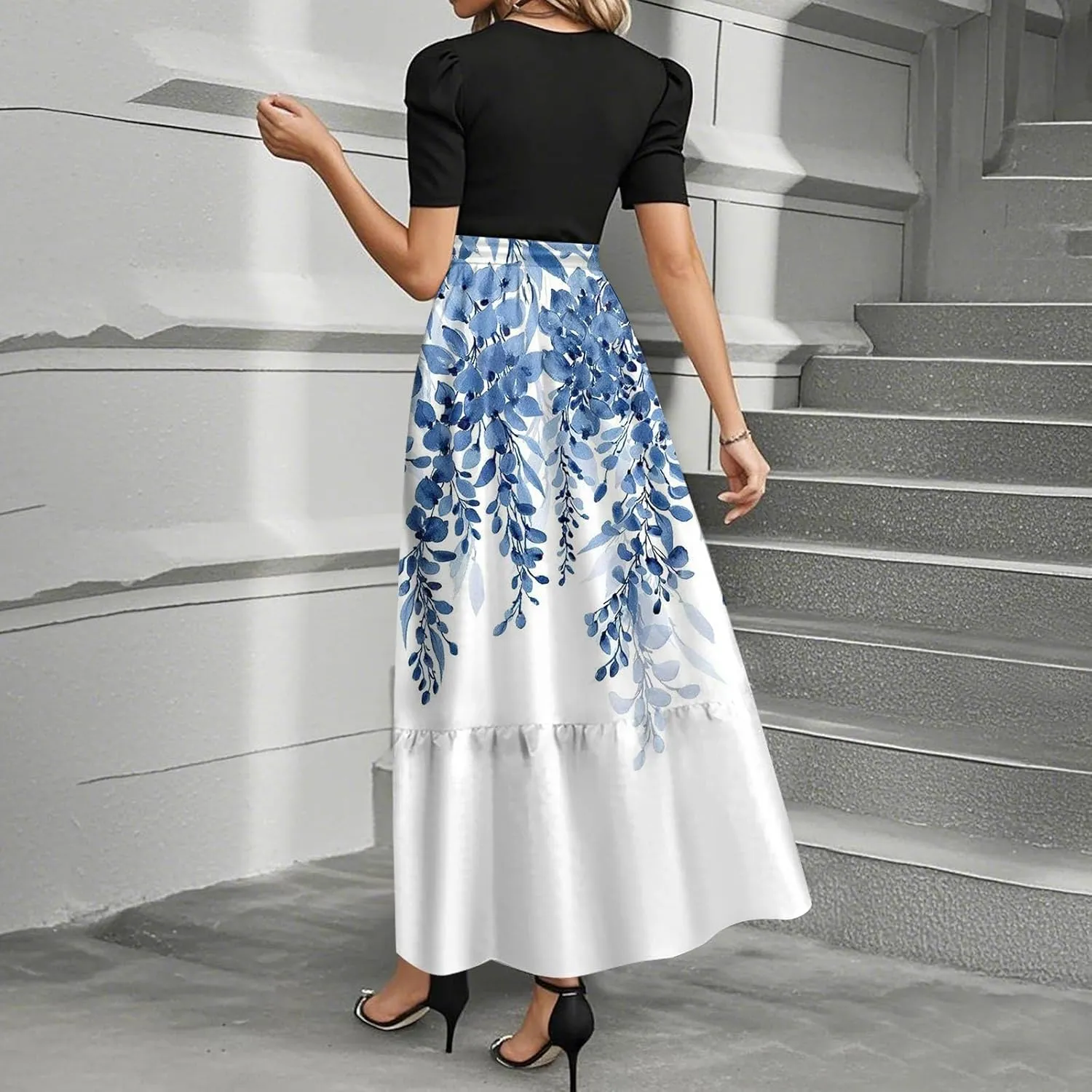 Beach Spring Dresses, 2025 Floral Print Maxi Womens Jumpsuit Boho Bow Crew Neck Rompers for Women