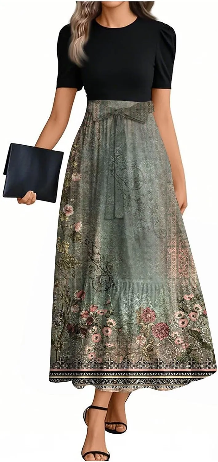 Beach Spring Dresses, 2025 Floral Print Maxi Womens Jumpsuit Boho Bow Crew Neck Rompers for Women