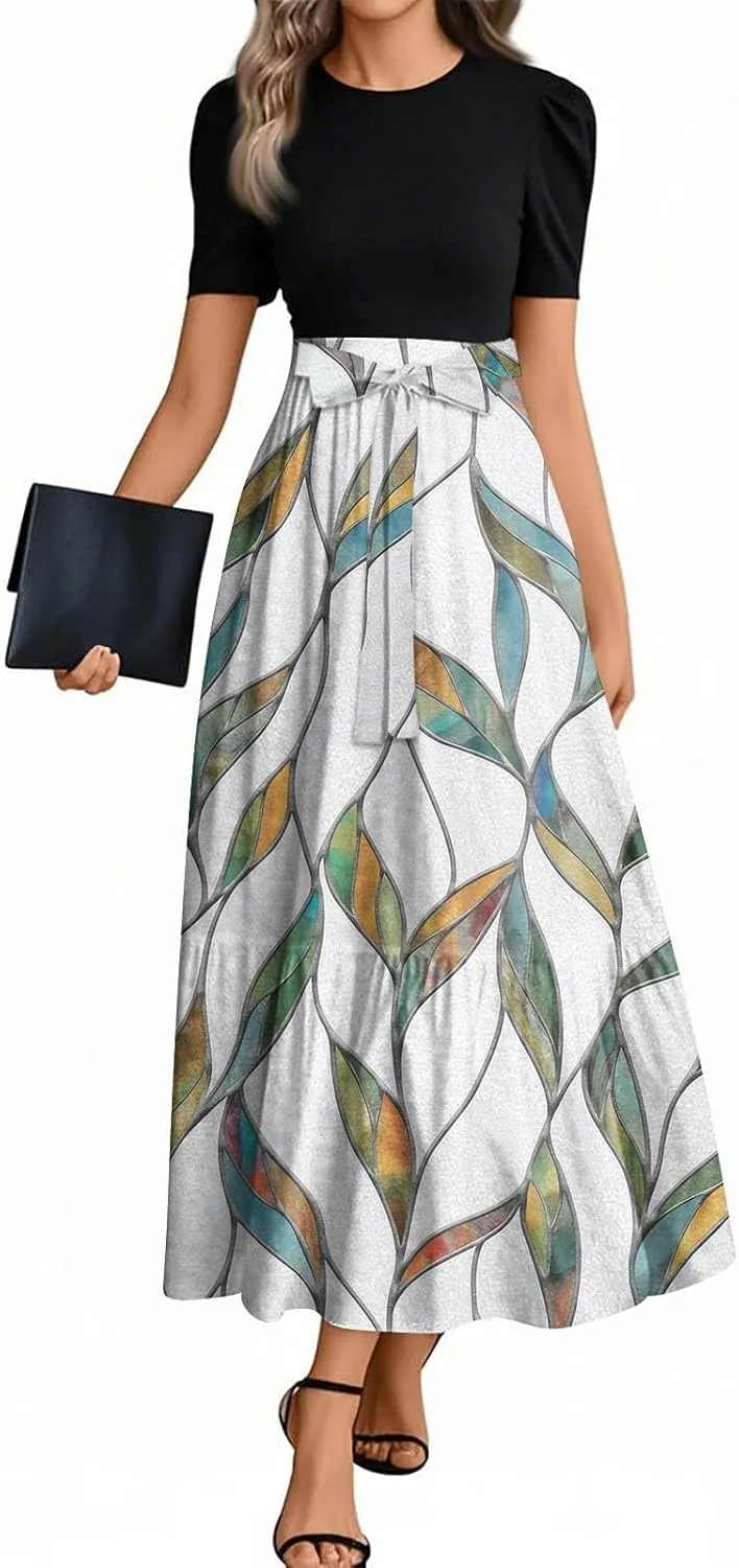 Beach Spring Dresses, 2025 Floral Print Maxi Womens Jumpsuit Boho Bow Crew Neck Rompers for Women