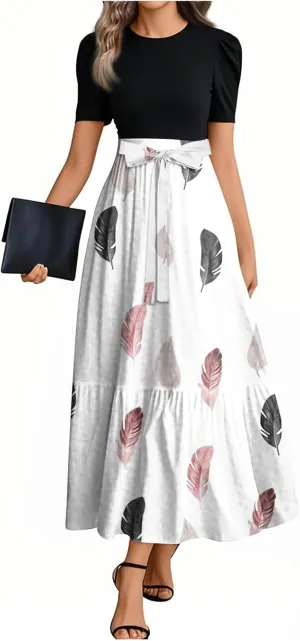 Beach Spring Dresses, 2025 Floral Print Maxi Womens Jumpsuit Boho Bow Crew Neck Rompers for Women