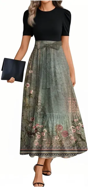 Beach Spring Dresses, 2025 Floral Print Maxi Womens Jumpsuit Boho Bow Crew Neck Rompers for Women