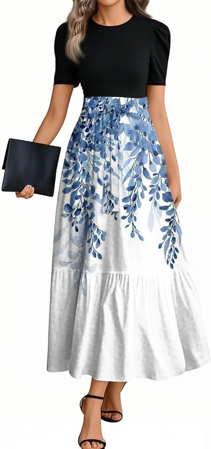 Beach Spring Dresses, 2025 Floral Print Maxi Womens Jumpsuit Boho Bow Crew Neck Rompers for Women