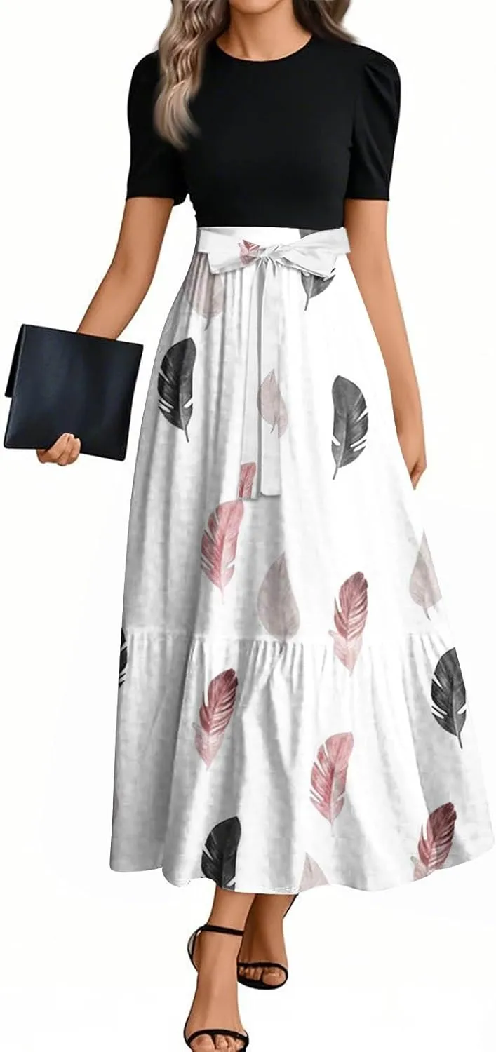 Beach Spring Dresses, 2025 Floral Print Maxi Womens Jumpsuit Boho Bow Crew Neck Rompers for Women
