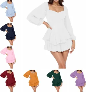 BIFUTON Women's Mini Dress Jumpsuit Lantern Long Sleeve Ruffle Layer Tie Back Square Neck/Off Shoulder Short Romper Dresses