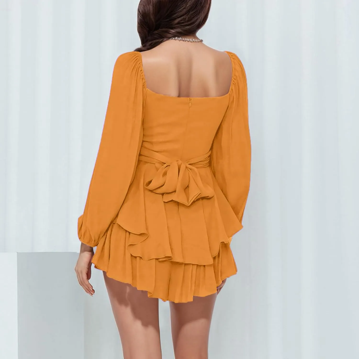 BIFUTON Women's Mini Dress Jumpsuit Lantern Long Sleeve Ruffle Layer Tie Back Square Neck/Off Shoulder Short Romper Dresses