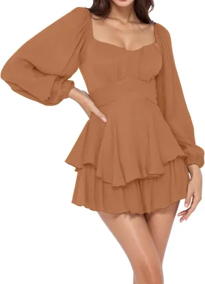 BIFUTON Women's Mini Dress Jumpsuit Lantern Long Sleeve Ruffle Layer Tie Back Square Neck/Off Shoulder Short Romper Dresses