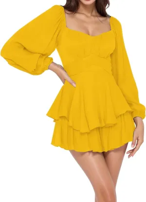 BIFUTON Women's Mini Dress Jumpsuit Lantern Long Sleeve Ruffle Layer Tie Back Square Neck/Off Shoulder Short Romper Dresses
