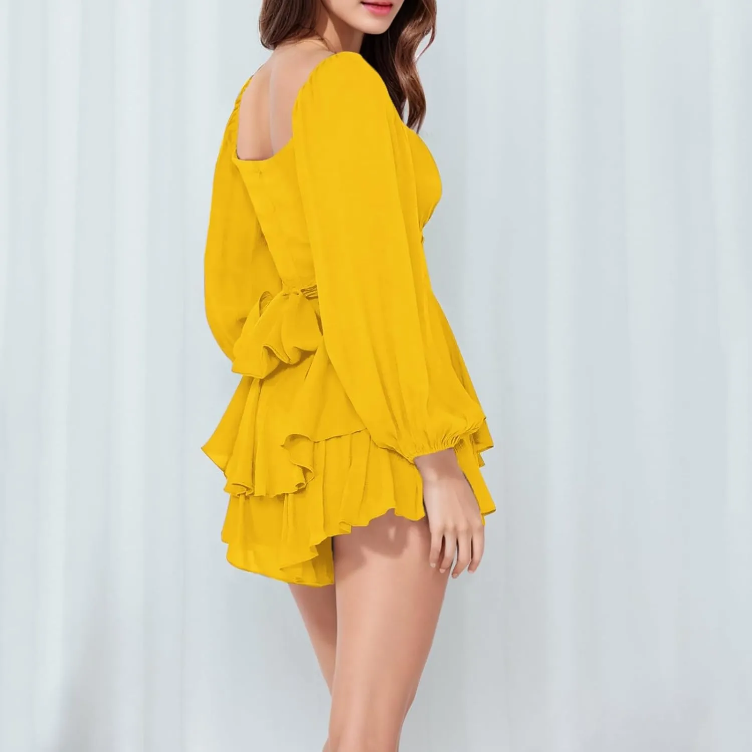 BIFUTON Women's Mini Dress Jumpsuit Lantern Long Sleeve Ruffle Layer Tie Back Square Neck/Off Shoulder Short Romper Dresses