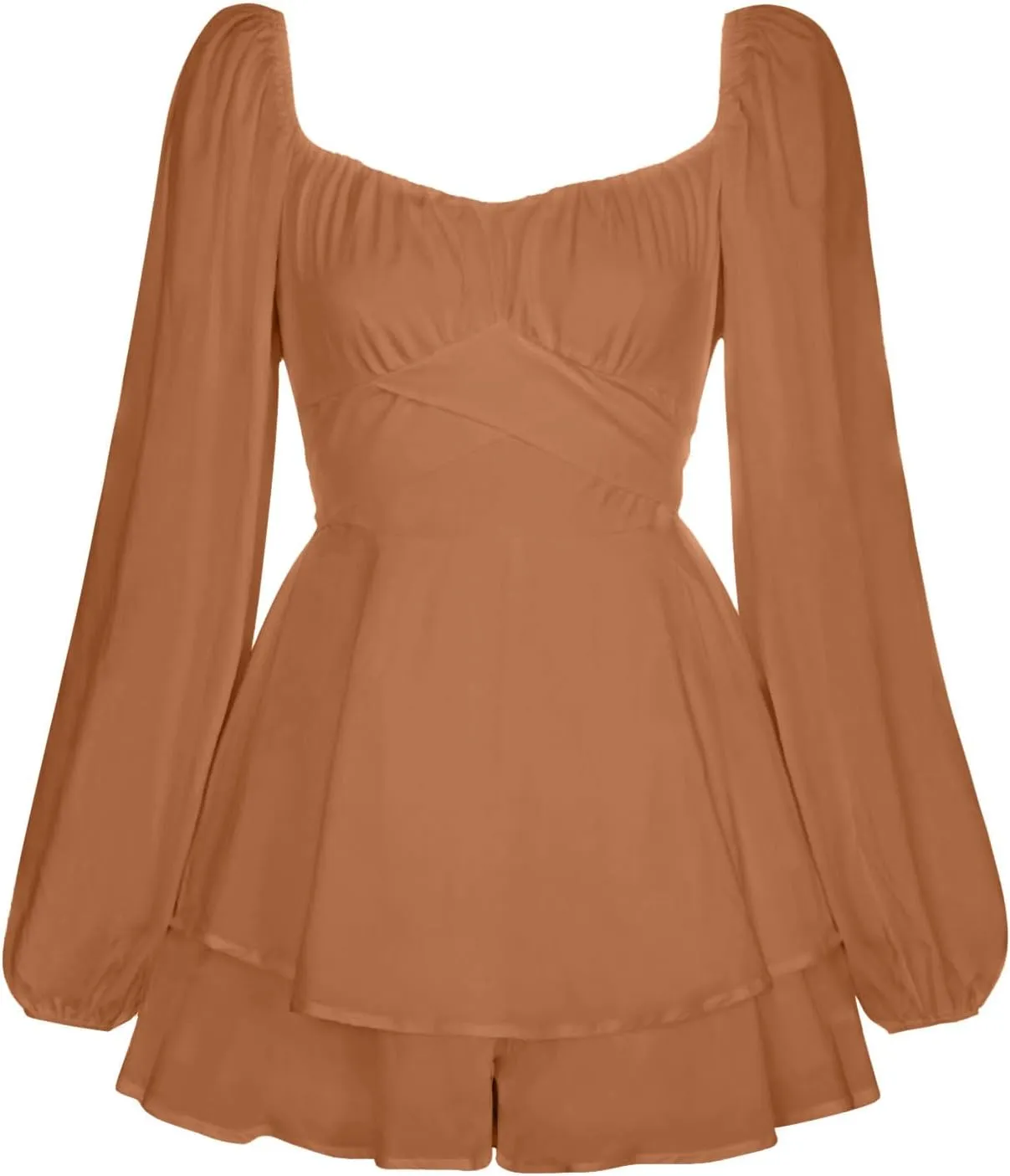BIFUTON Women's Mini Dress Jumpsuit Lantern Long Sleeve Ruffle Layer Tie Back Square Neck/Off Shoulder Short Romper Dresses