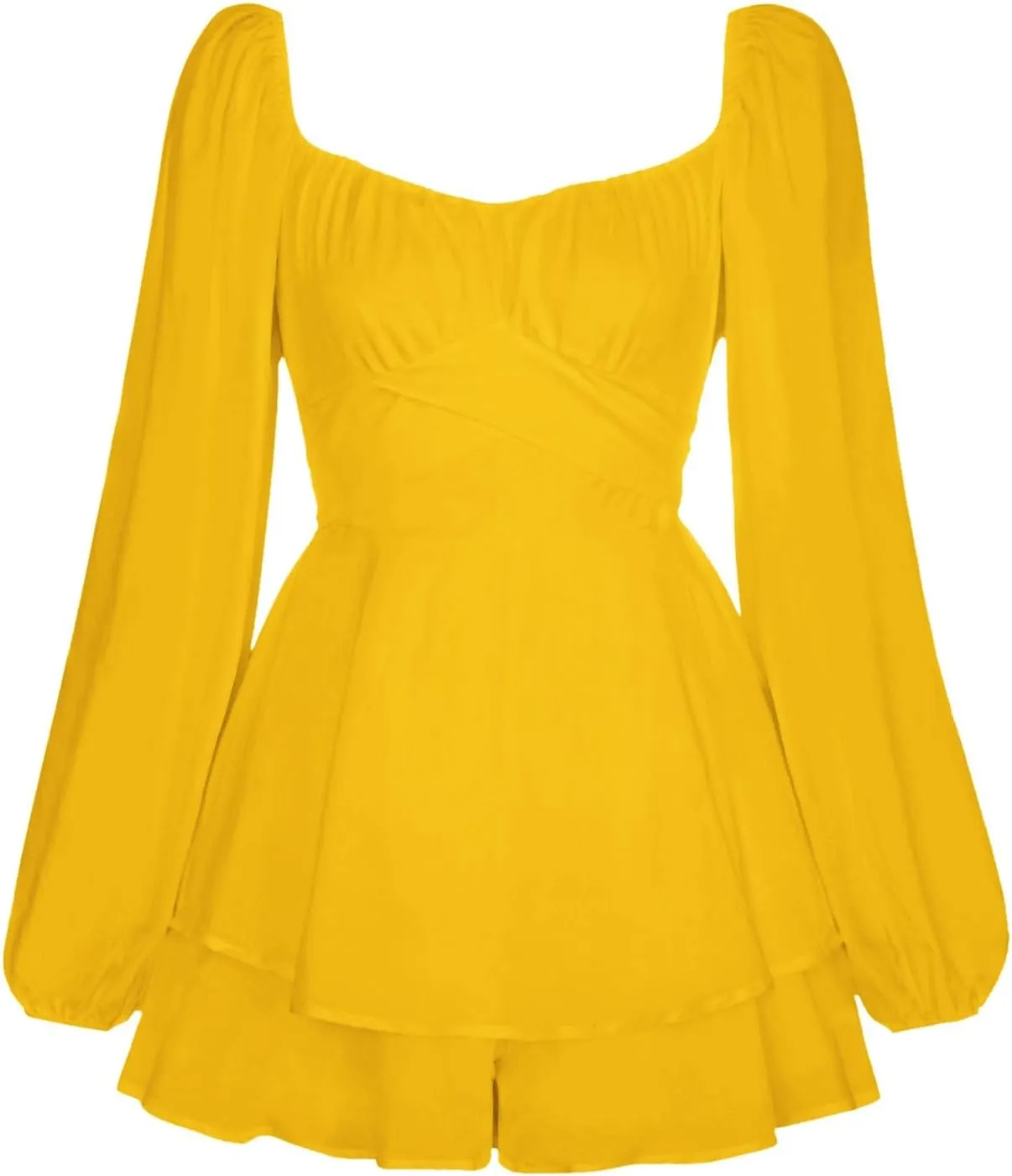 BIFUTON Women's Mini Dress Jumpsuit Lantern Long Sleeve Ruffle Layer Tie Back Square Neck/Off Shoulder Short Romper Dresses