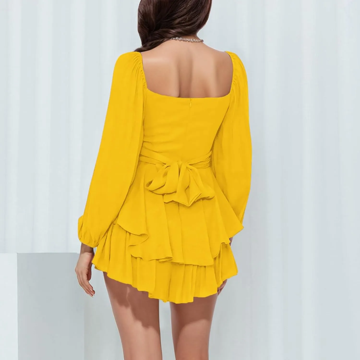 BIFUTON Women's Mini Dress Jumpsuit Lantern Long Sleeve Ruffle Layer Tie Back Square Neck/Off Shoulder Short Romper Dresses