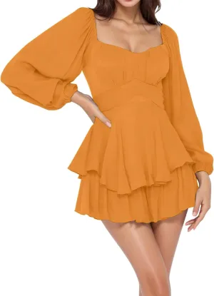 BIFUTON Women's Mini Dress Jumpsuit Lantern Long Sleeve Ruffle Layer Tie Back Square Neck/Off Shoulder Short Romper Dresses