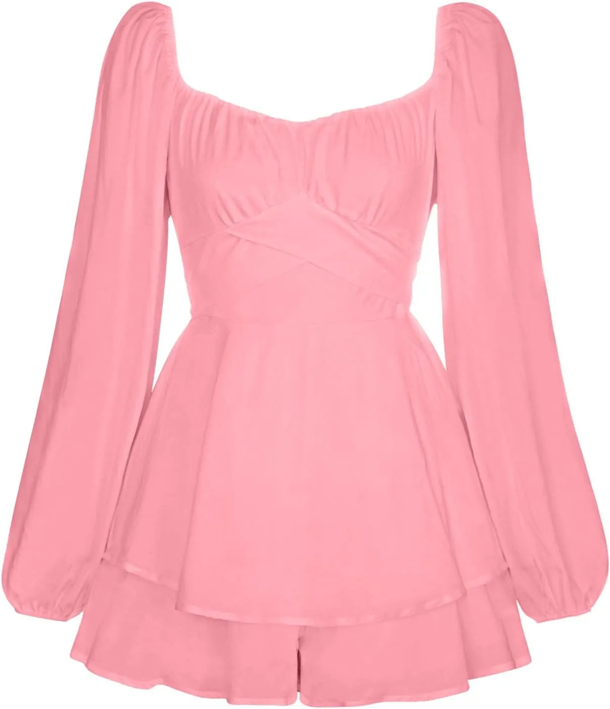 BIFUTON Women's Mini Dress Jumpsuit Lantern Long Sleeve Ruffle Layer Tie Back Square Neck/Off Shoulder Short Romper Dresses