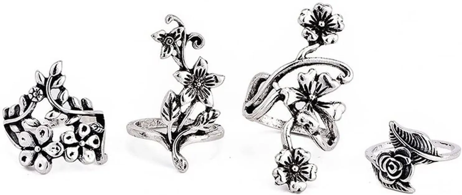 Bohemian Retro Joint Statement Rings 4Pcs Floral Stackable Finger Rings Set for Women Boho Vintage Stacking Rings