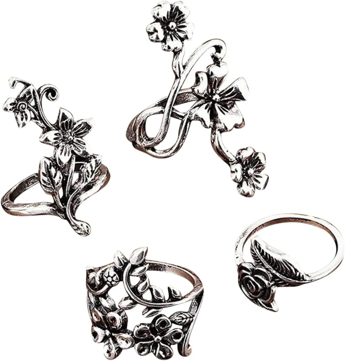 Bohemian Retro Joint Statement Rings 4Pcs Floral Stackable Finger Rings Set for Women Boho Vintage Stacking Rings