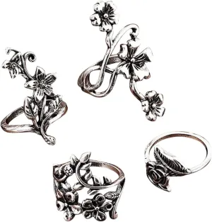 Bohemian Retro Joint Statement Rings 4Pcs Floral Stackable Finger Rings Set for Women Boho Vintage Stacking Rings