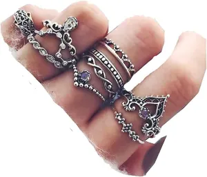Boho Silver Rings Set Rhinestone Knuckle Rings Midi Finger Rings Fashion Joint Rings Accessories for Women
