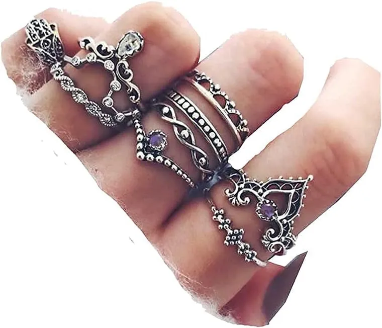 Boho Silver Rings Set Rhinestone Knuckle Rings Midi Finger Rings Fashion Joint Rings Accessories for Women