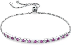Bolo Bracelets, Birthstone or Moissanite Tennis Bracelets for Women 14K White Gold Plated Sterling Silver 2mm Multicolor Adjustable Tennis Bracelets for Women, Size 7.25"