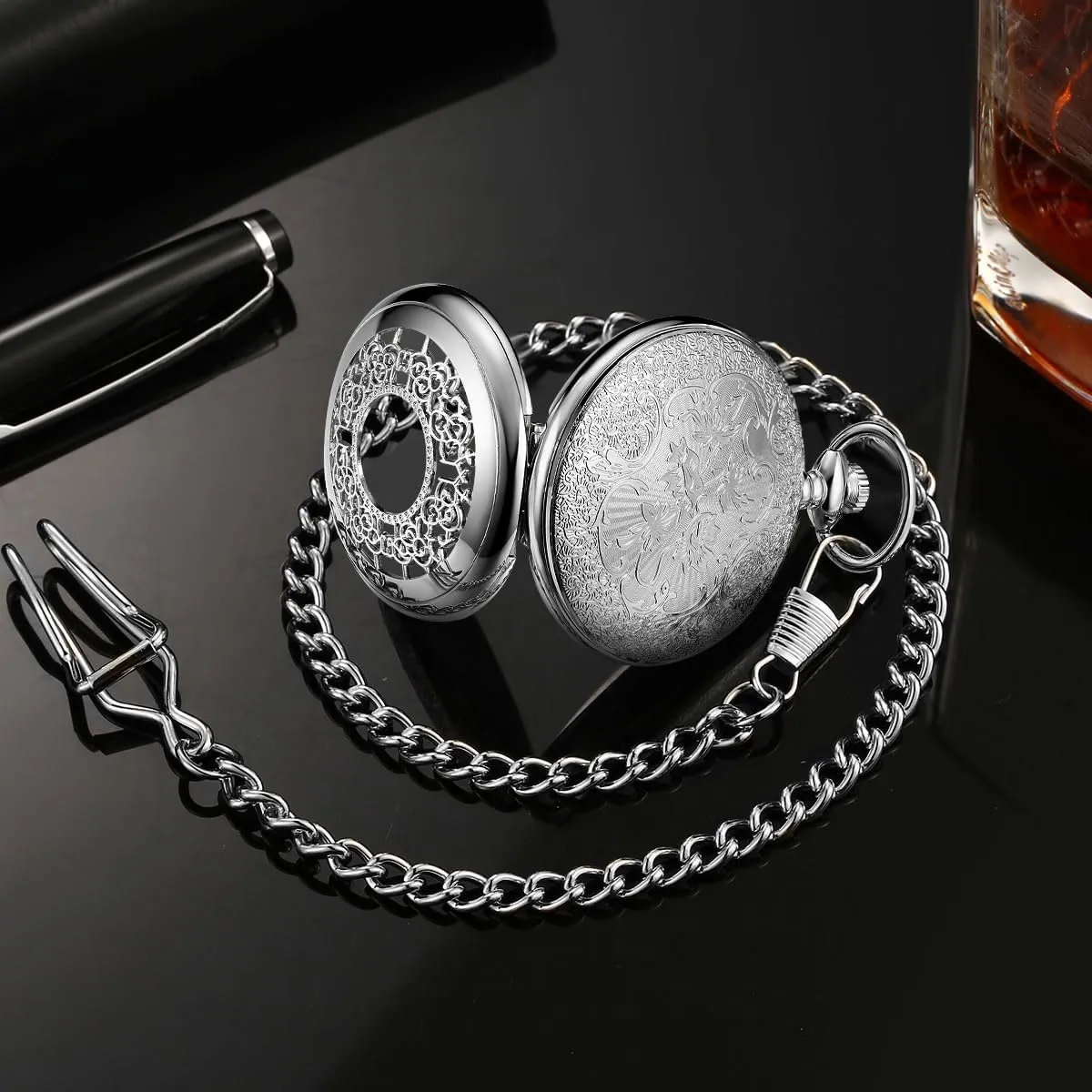 BOSHIYA Men's Hollow Quartz Pocket Watch Classic Arabic Digital Luminous dial & Date Pocket Watch with Chain Christmas Graduation Birthday Gift
