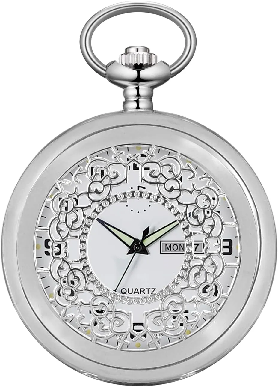 BOSHIYA Men's Hollow Quartz Pocket Watch Classic Arabic Digital Luminous dial & Date Pocket Watch with Chain Christmas Graduation Birthday Gift