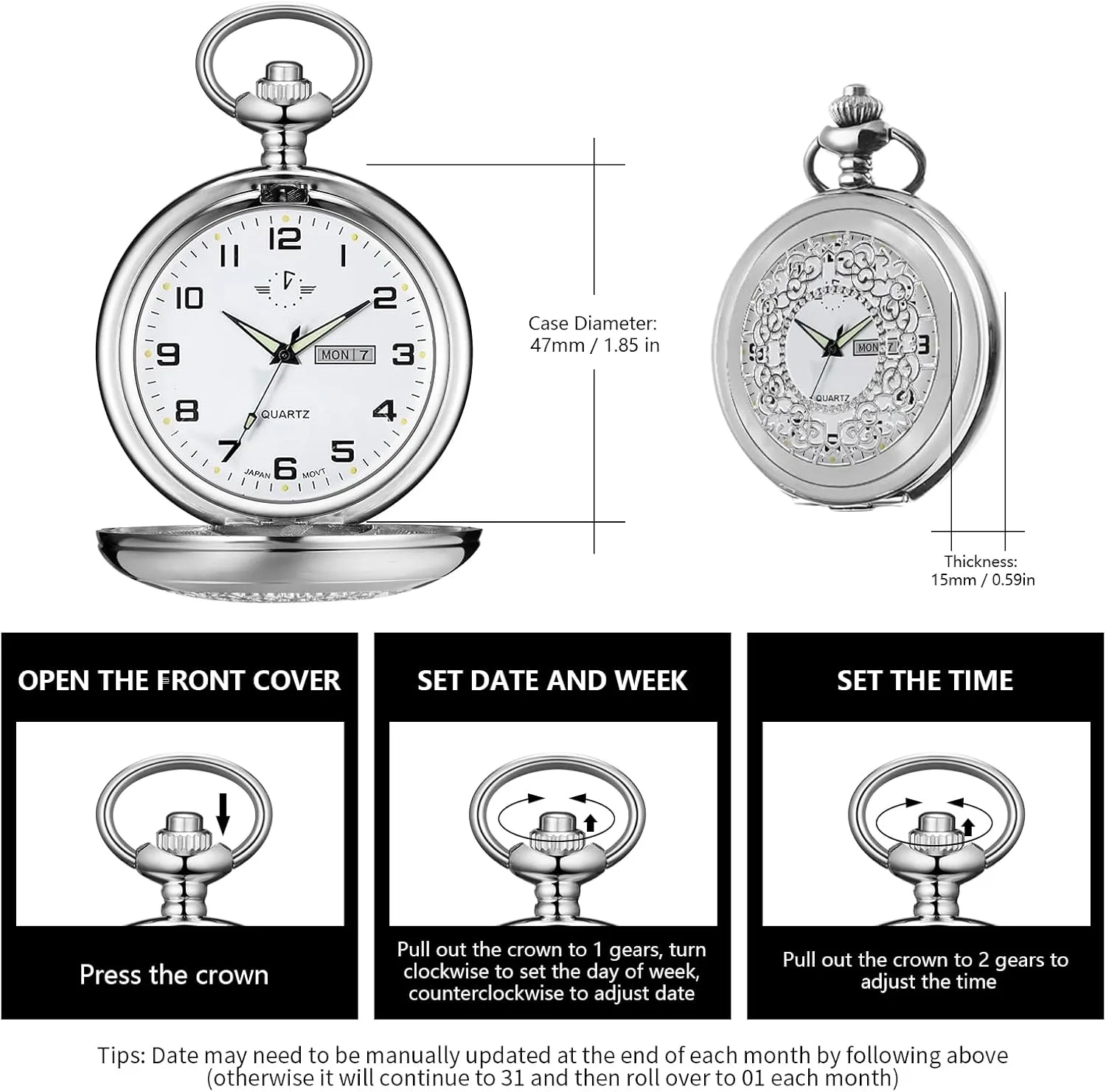 BOSHIYA Men's Hollow Quartz Pocket Watch Classic Arabic Digital Luminous dial & Date Pocket Watch with Chain Christmas Graduation Birthday Gift